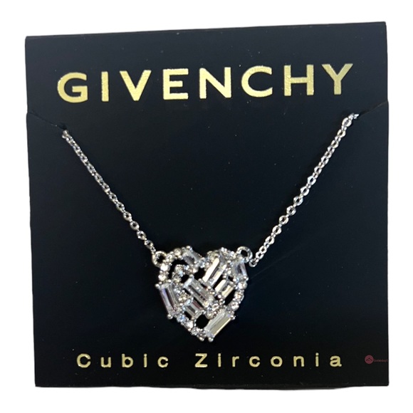 GIVENCHY Silver Pave Round Baguette CZ Crystal Heart Pendant Necklace - Picture 5 of 9
